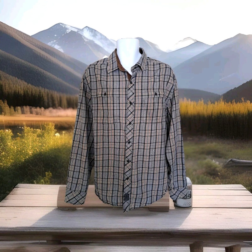 Sean John Shirt 3X Blue Brown Plaid Tailored Fit‎ Casual Button Up Long Sleeve